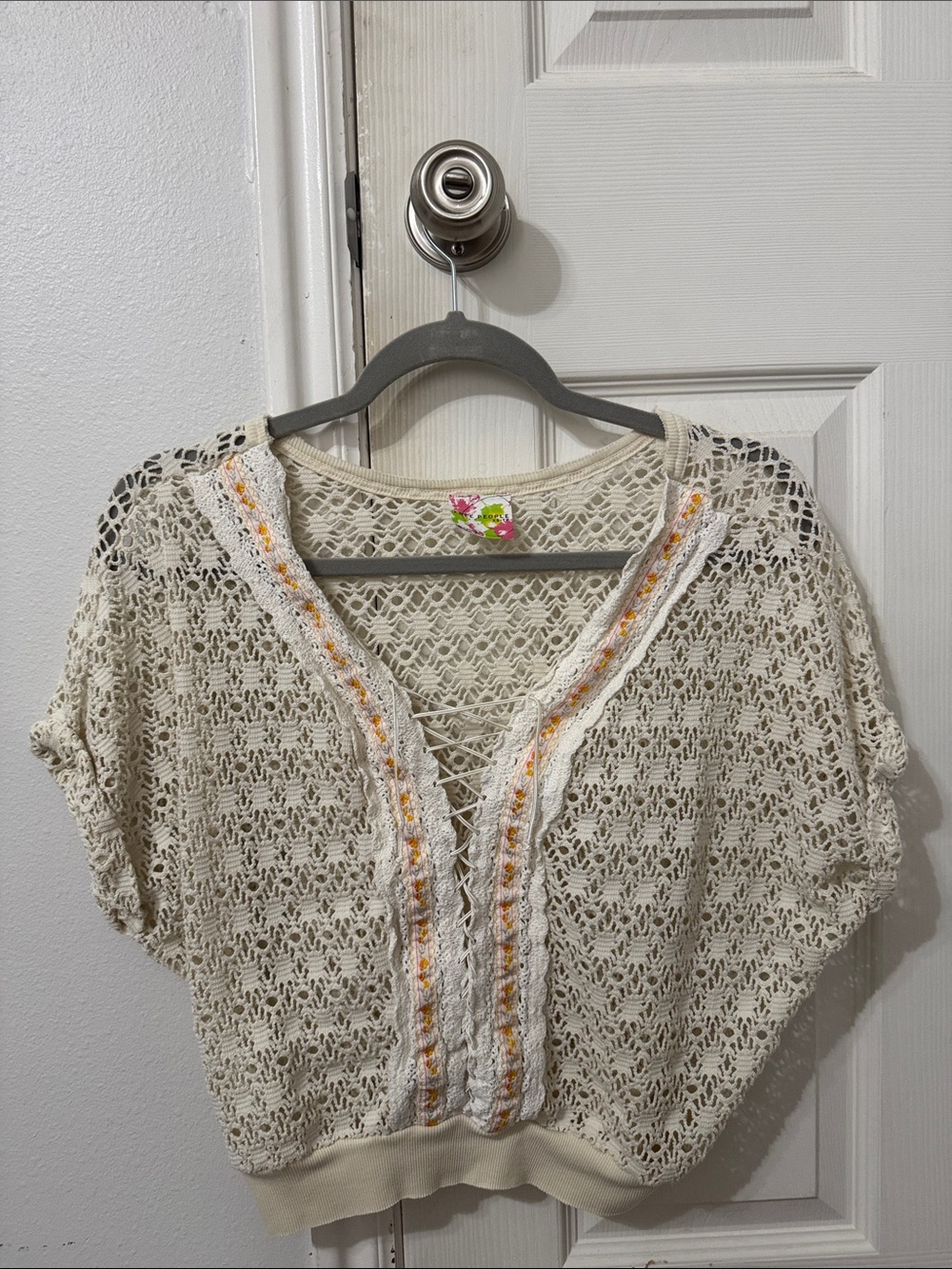 Free People Cream Crochet Lace-Up Tunic with Embroidered Trim
